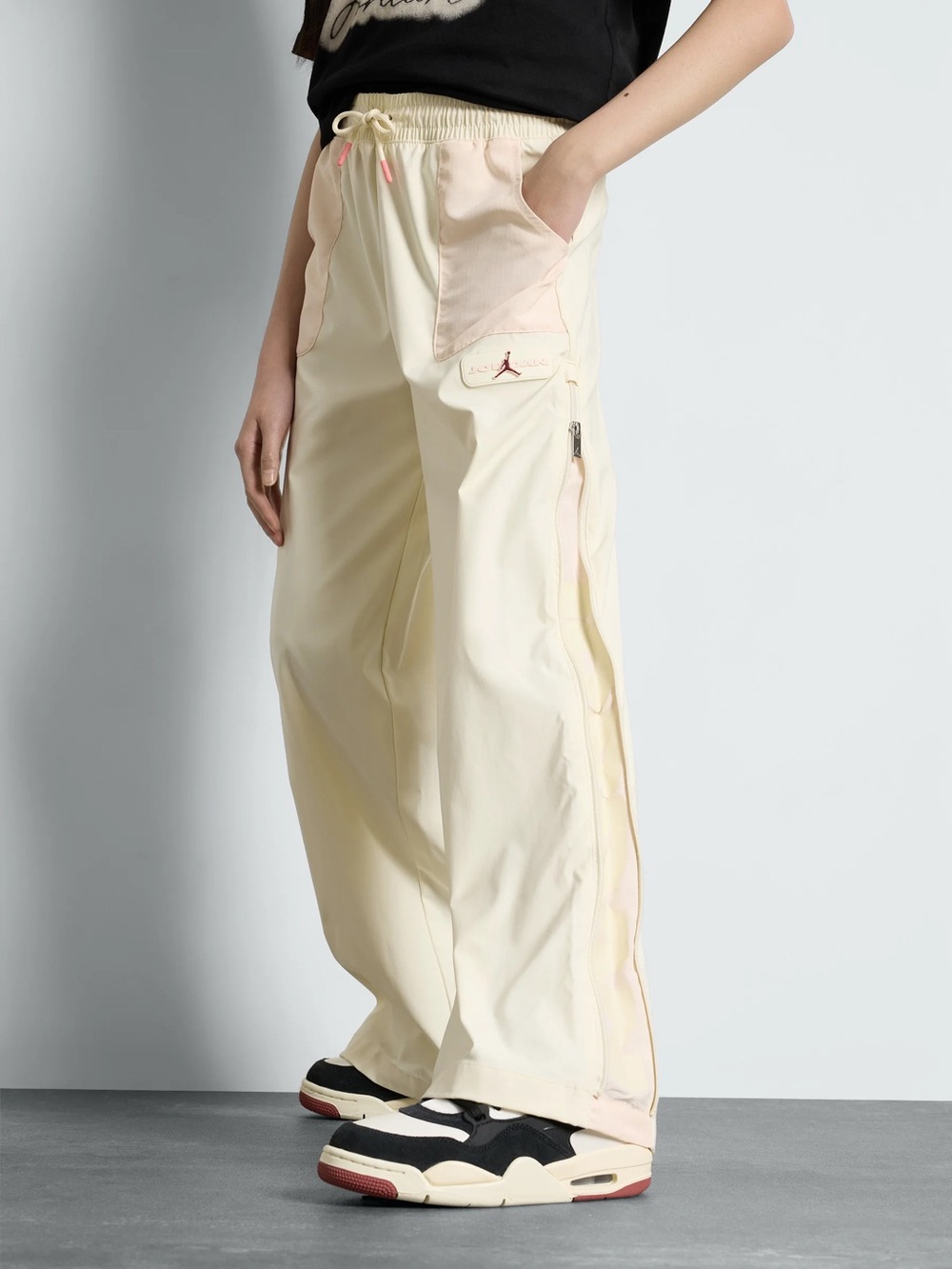 Jordan Cream Wide-Leg Track Pants with Pink Trim